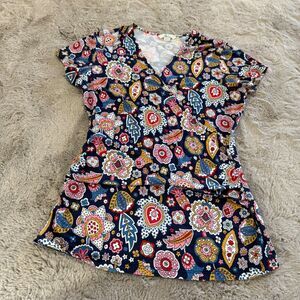 Boden Faux Wrap Shirt Top Women Size 8 Viscose Elastane Navy Floral Cottage boho